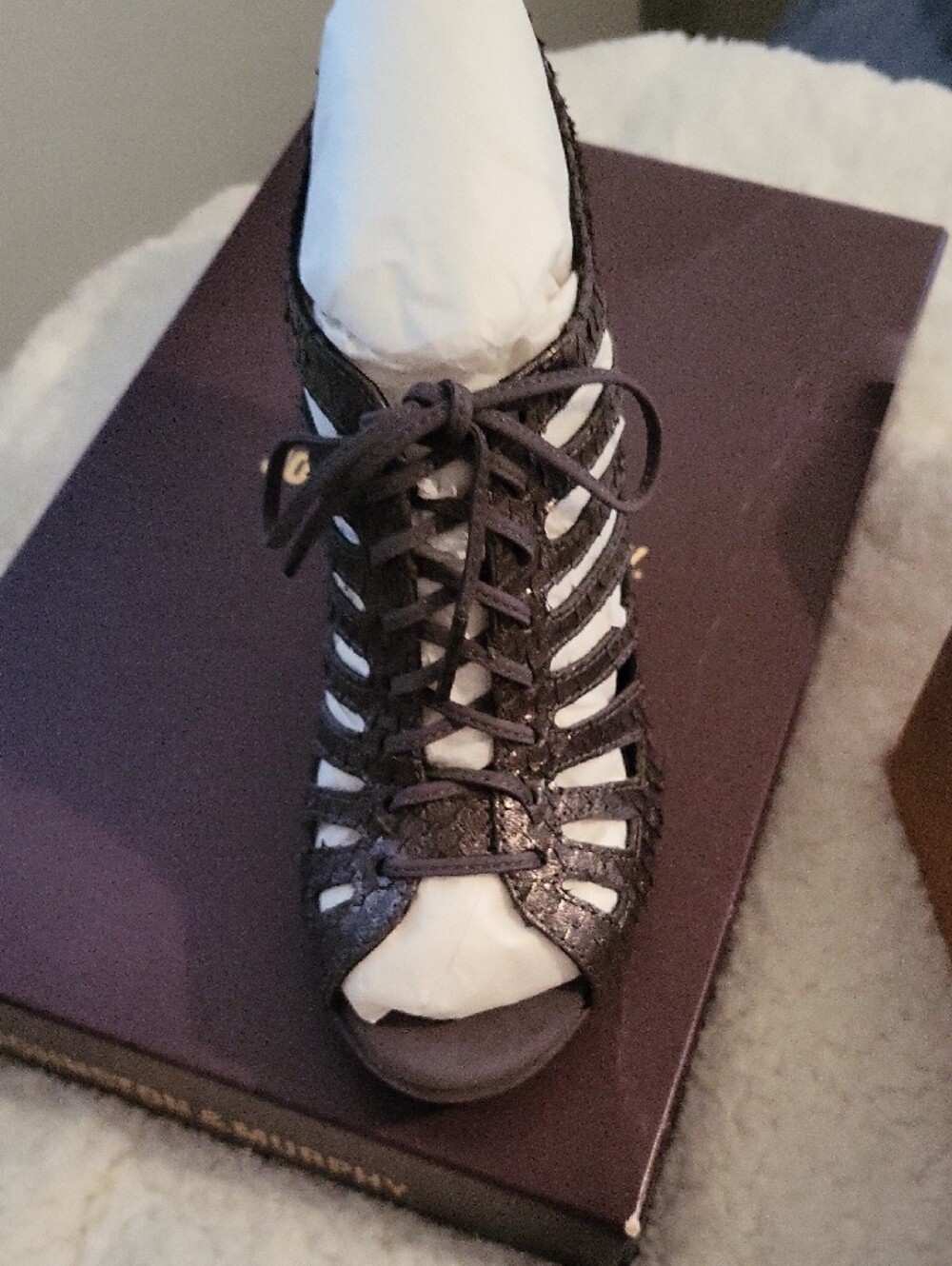 NWT Johnston & Murphy Pewter Snake Print Leather Maddie Caged Wedge Heel Size 6